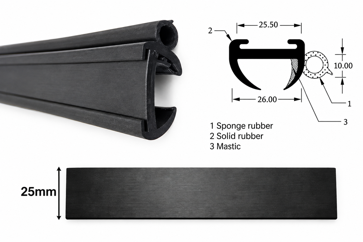 Caravan or Motorhome Window Rubber 25mm Small Bore and Trim (Sold by the Metre) (Black) X614
