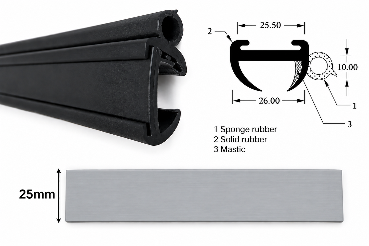 Caravan or Motorhome Window Rubber 25mm Small Bore and Trim (Sold by the Metre) (Grey)