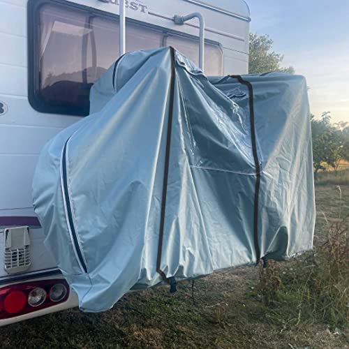 All new enclosed motorhome cycle cover for up to 4 Bikes complete with warning sign made here in the UK.