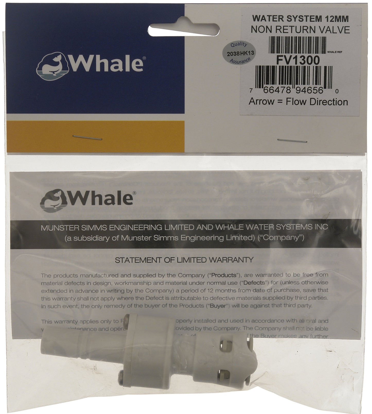 Whale Non-Return Valve with Stem - White, 12 mm