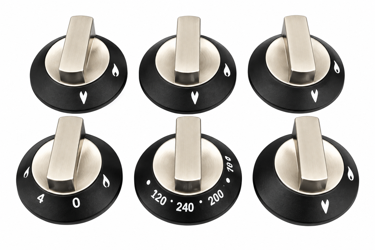 Thetford Oven Replacement knobs Pack Of 6 Complete. Colour Black and Satin SSPA0902.SA