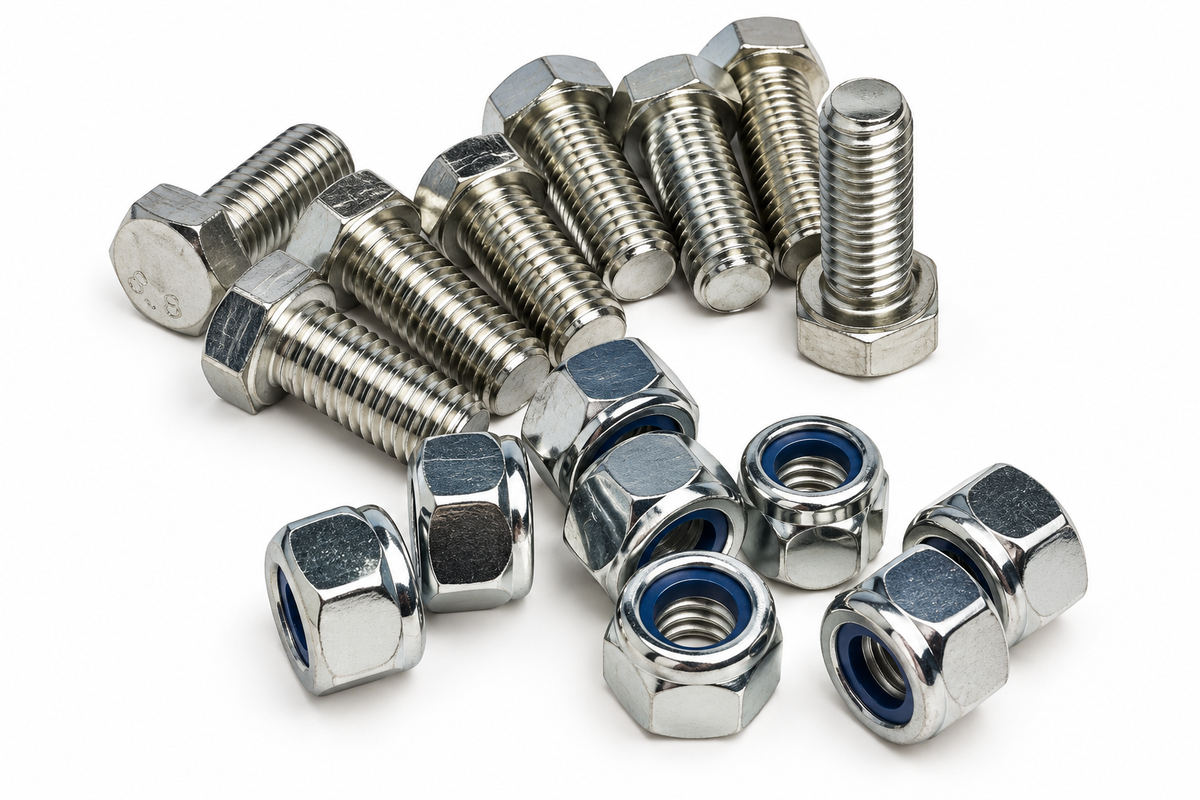 A set of 8 AL-KO M12 x 30 Hex Bolts and M12 Nyloc Nuts. To fix chassis to axle V962 & V962B